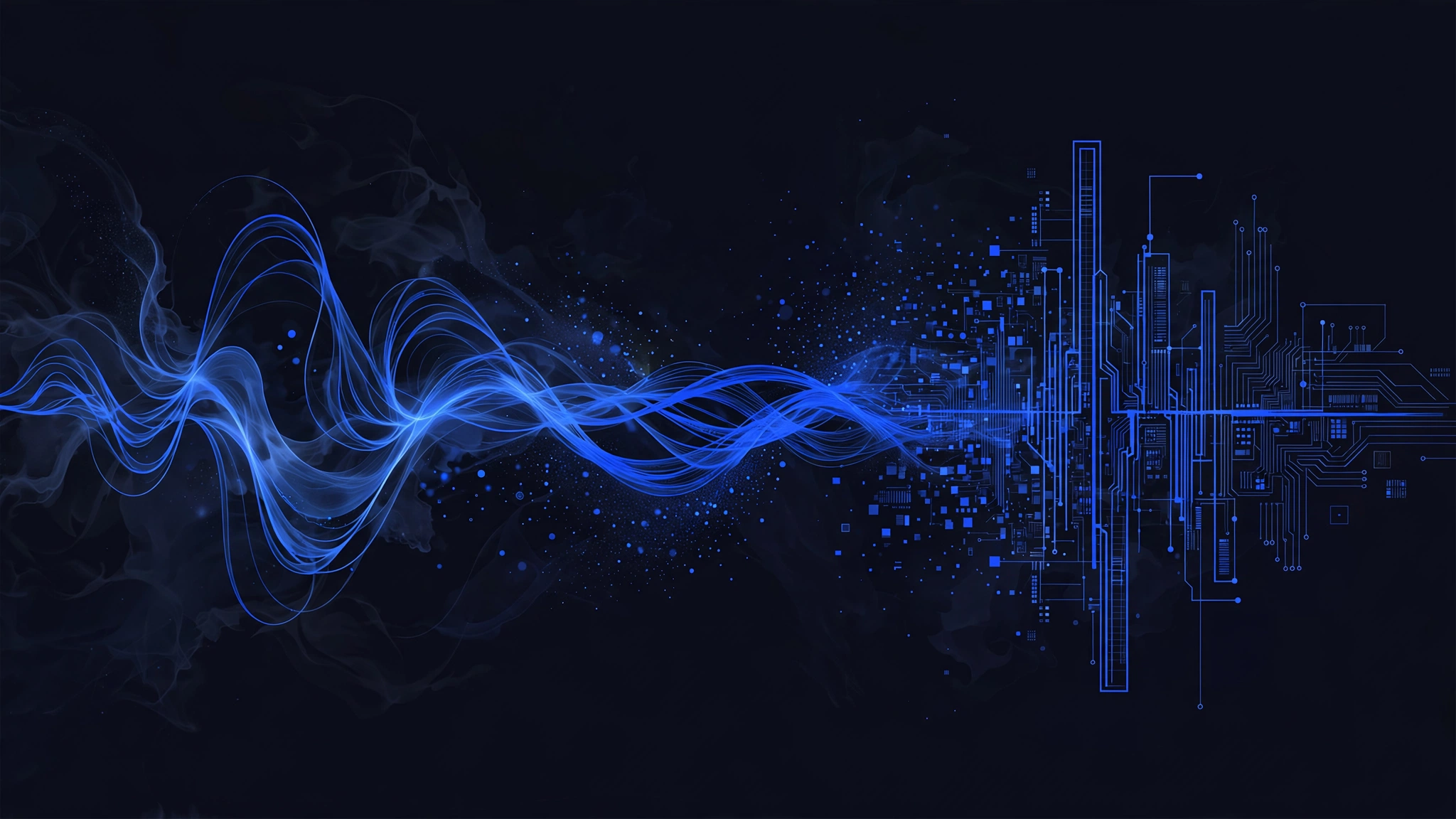 Abstract illustration of a human voice waveform flowing into a digital AI waveform