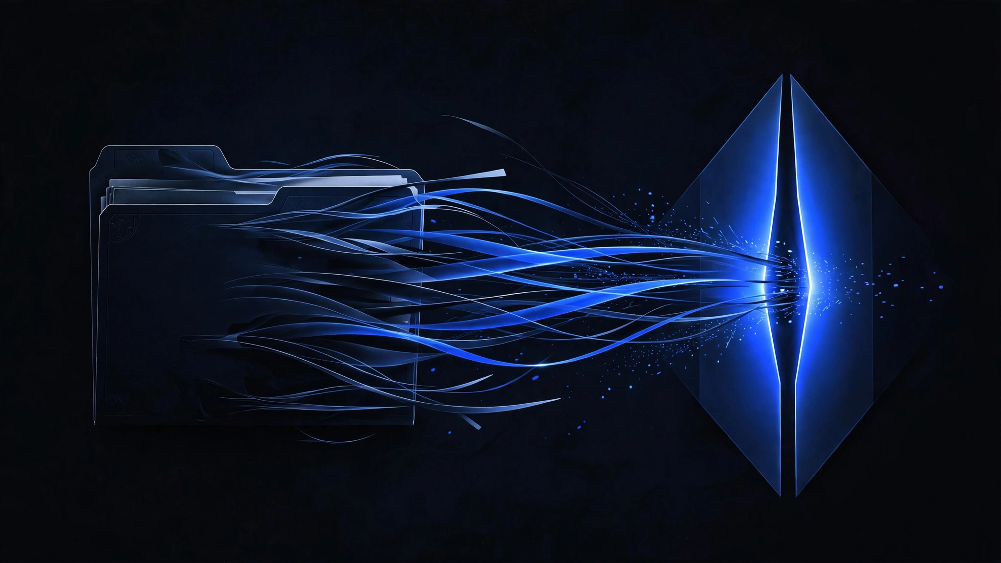 Abstract illustration of a patient file dissolving into data ribbons slipping through a closing gate of blue light
