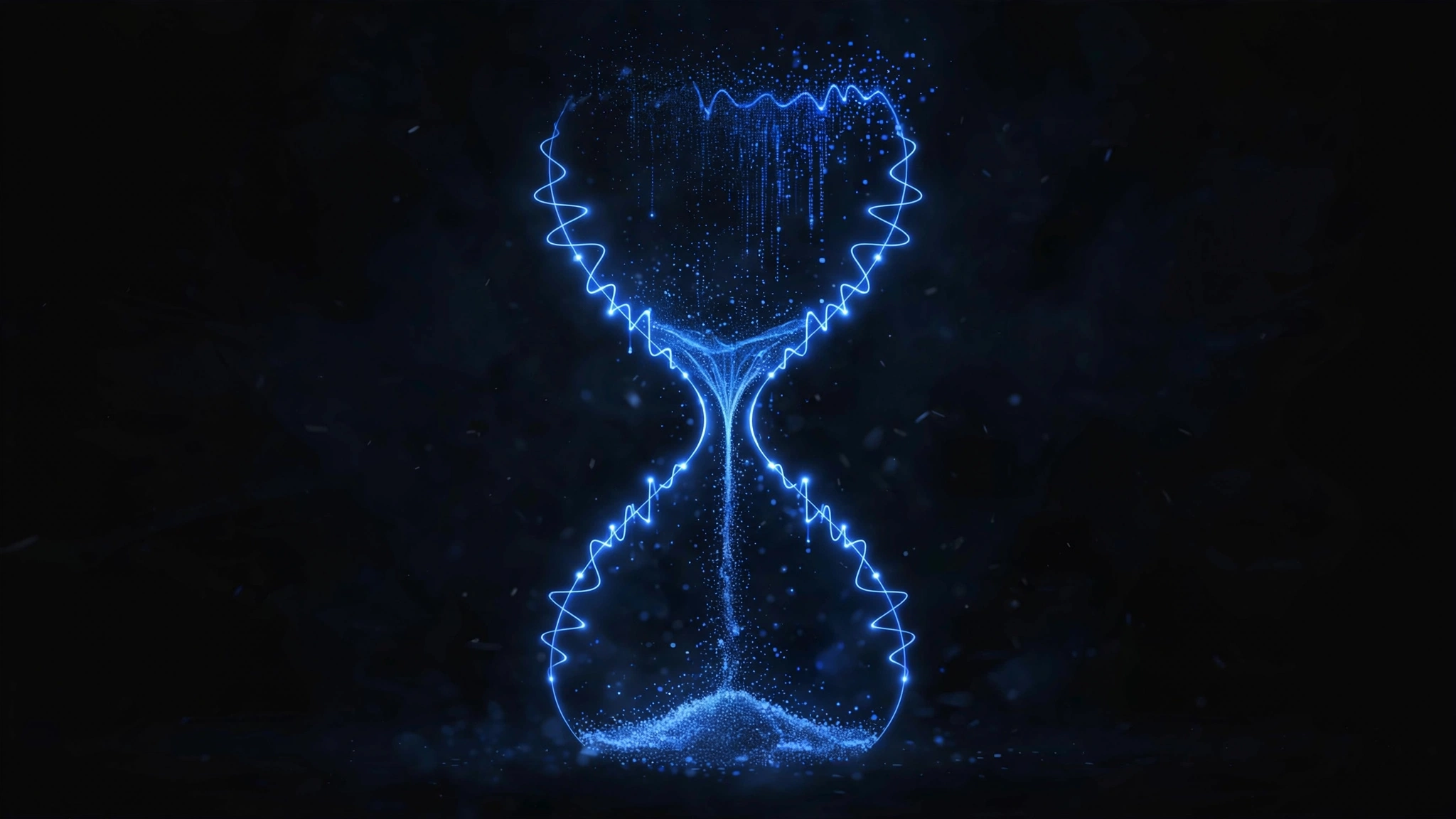 Abstract illustration of an hourglass formed from a draining blue digital waveform